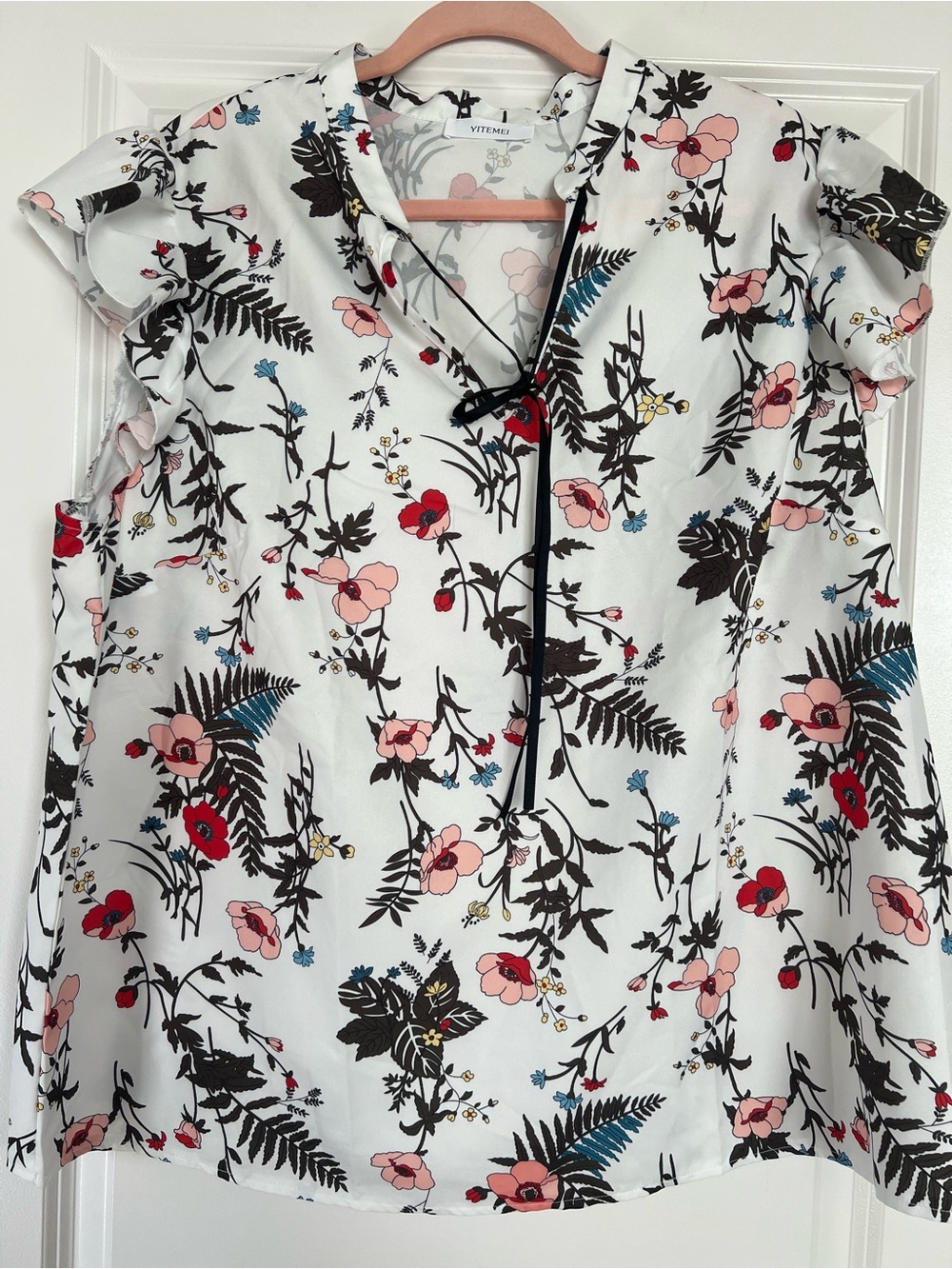 White Floral Tie-Front Short Sleeve Blouse NWOT